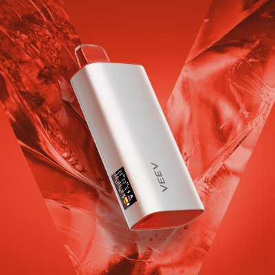 Un vape desechable VEEV now 18ML sabor Frutilla, en un fondo rojo de diseño fluído que representa líquido. 