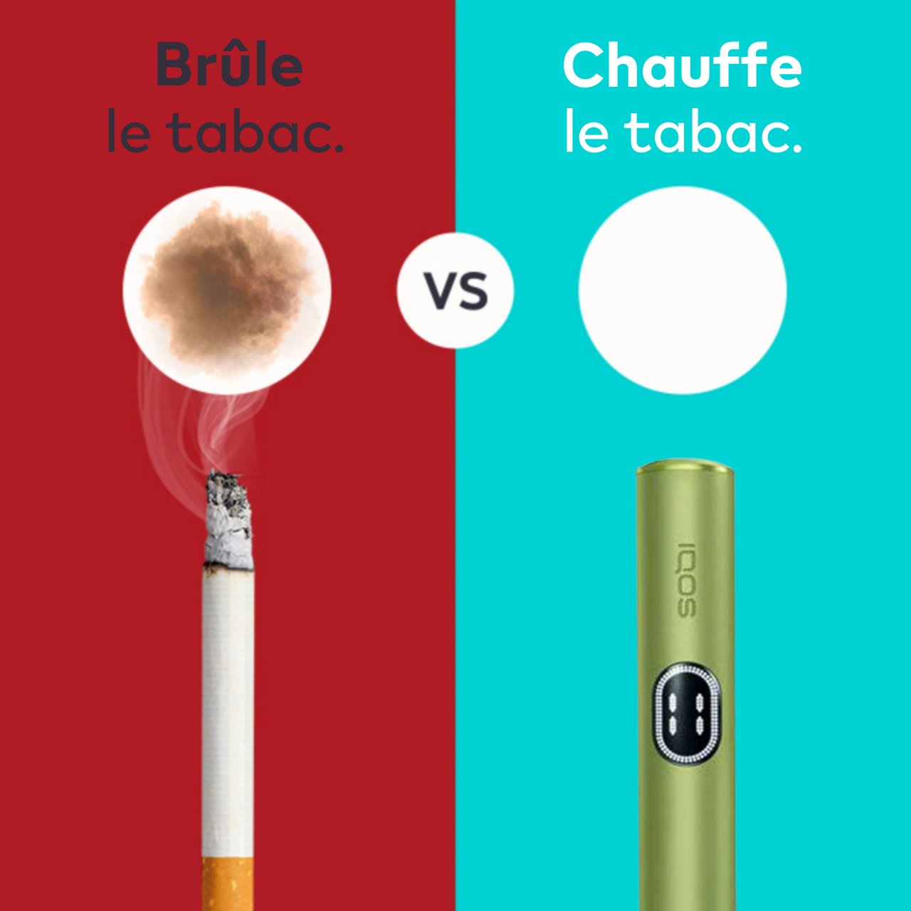Image montrant le résultat d’une cigarette qui brûle le tabac, le rond blanc devient marron; versus un IQOS ILUMA i couleur Vert Anis, qui, lui, chauffe le tabac et montre un rond blanc qui ne se décolore pas.