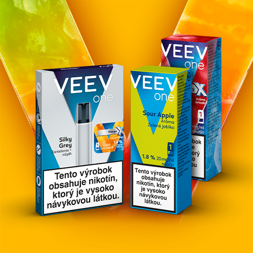 Štartovacia sada VEEV ONE a náplne VEEV ONE na oranžovom pozadí