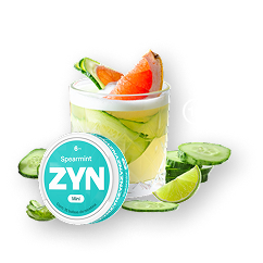 Bebida fría en vaso con hielo, rodajas de pepino, limón y toronja, acompañada de un envase circular ZYN Spearmint.