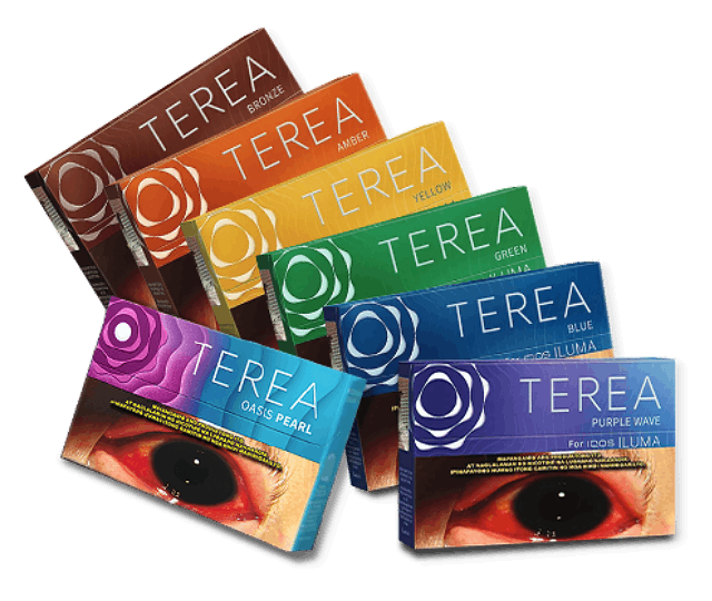 Assorted TEREA tobacco product packages arranged neatly on a clean surface.