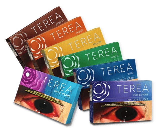 Assorted TEREA tobacco product packages arranged neatly on a clean surface.