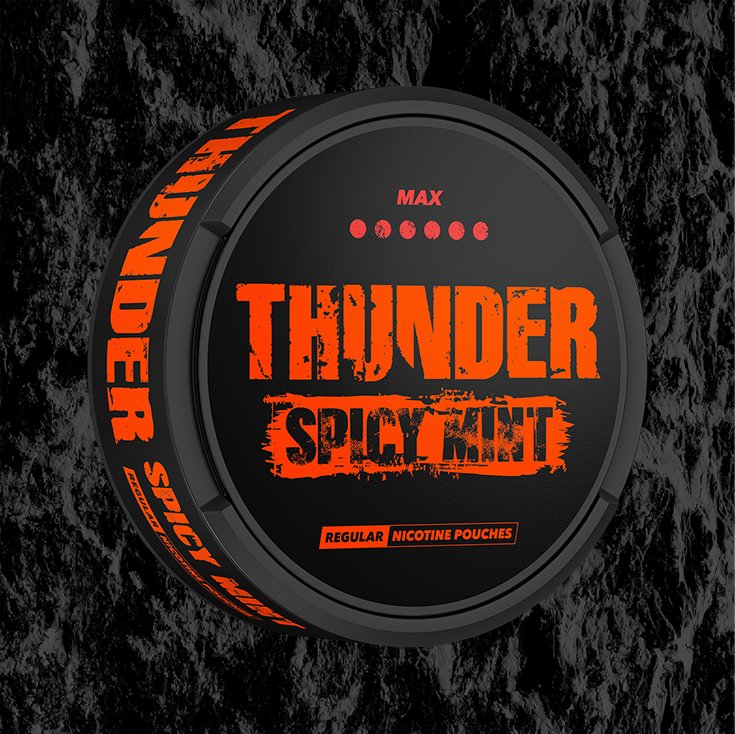 THUNDER Spicy Mint Max Regular Size – schwarze und orangefarbene Dose mit tabakfreien Nikotinpouches