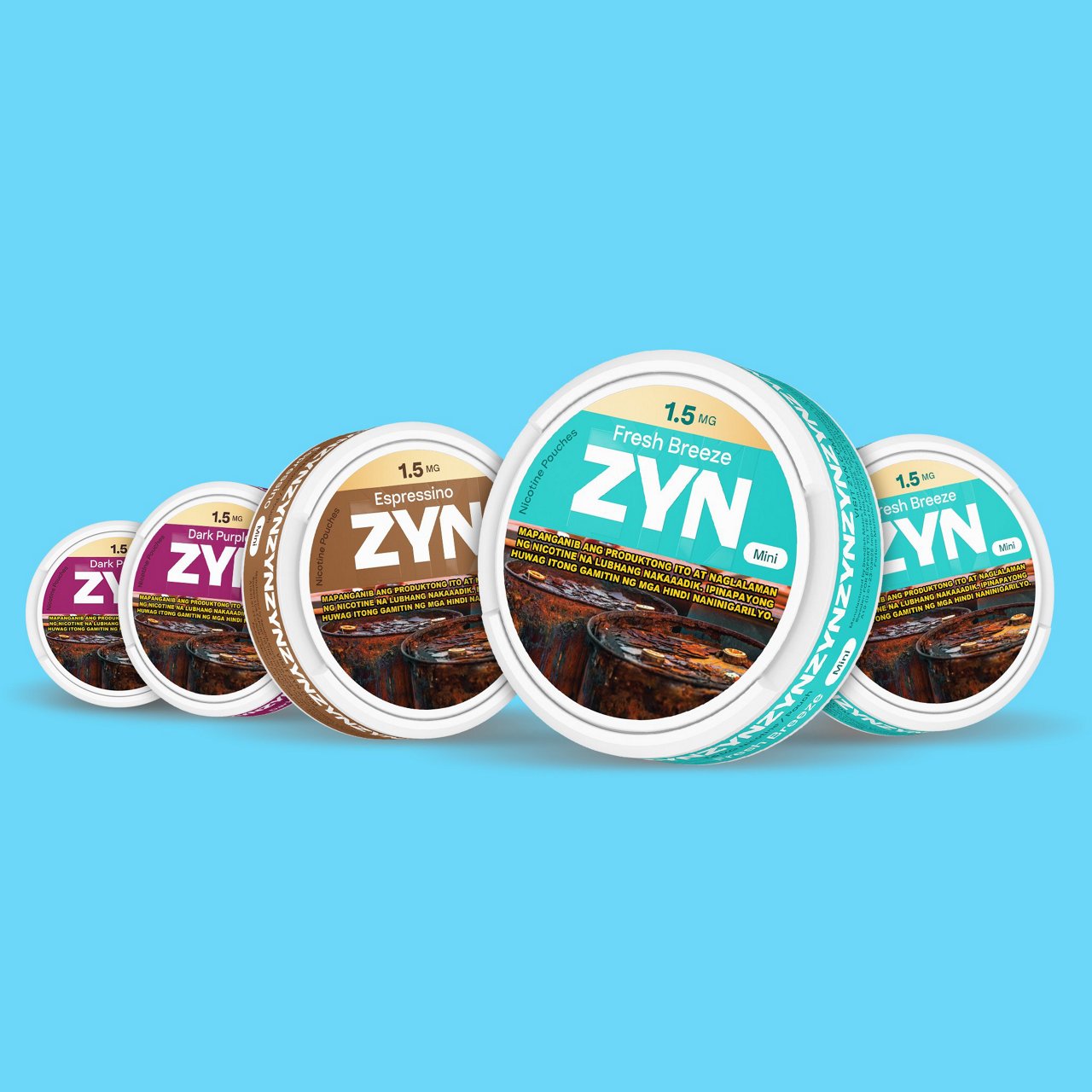 Discovery Bundle: The ZYN Discovery bundle which contains 2 cans of Fresh Breeze, 2 cans of Dark Purple, and 1 can of Espressino 