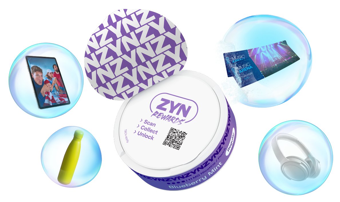 IMAGE [ZYN Rewards can on a blue background, showing a circular ZYN container with a QR code]