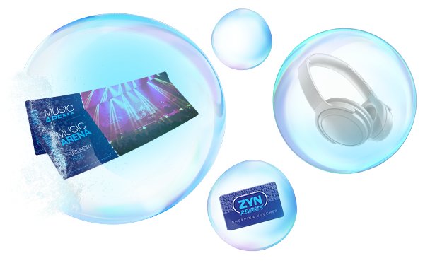  Illustration of rewards items, including event tickets, a speaker, a ZYN pack, and a +20 points icon floating in bubbles