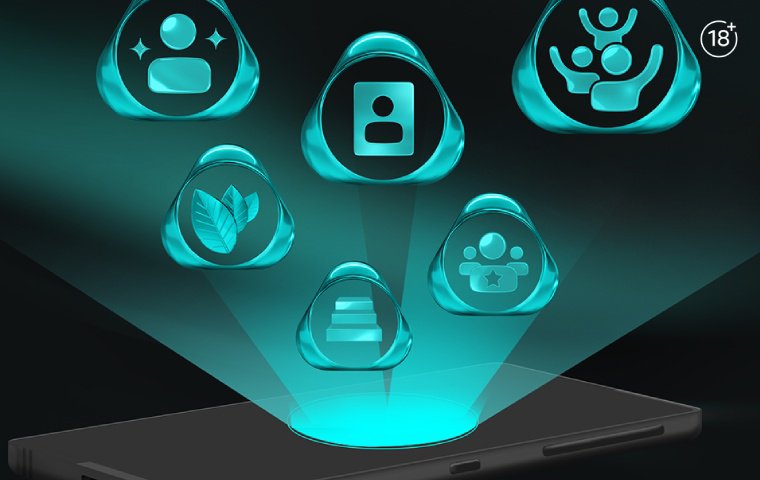 Turquoise holographic badge icons projected upward from a smartphone on a dark background.