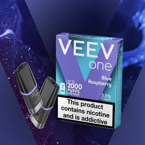 VEEV ONE Blue Raspberry vape pods packet with 2 vape pods on a blue V background