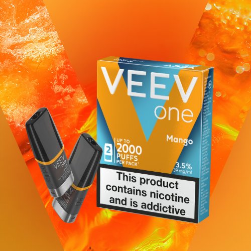 VEEV ONE Mango vape pods packet with 2 vape pods on a blue V background