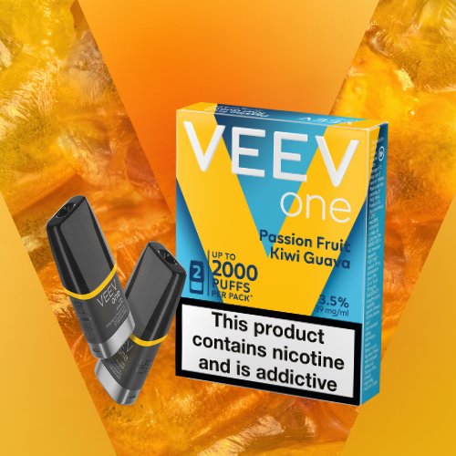 VEEV ONE Passion Fruit Kiwi Guava vape pods packet with 2 vape pods on a blue V background