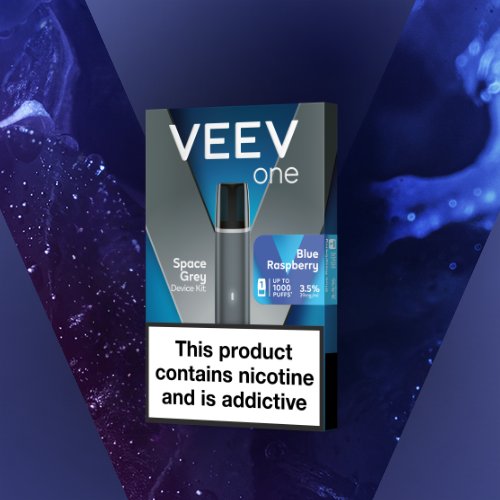  VEEV ONE Starter Kit Blue Raspberry vape pods packet with 2 vape pods on a blue V background