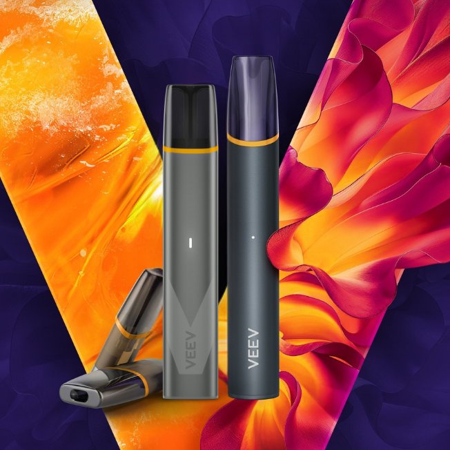 VEEV ONE and VEEV NOW ULTRA vaping devices with VEEV ONE pods and a V logo in the background..