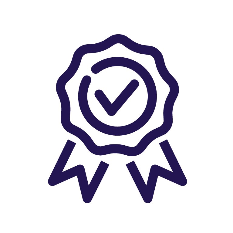Ícono azul de cinta con marca de verificación en el centro, representando un certificado de calidad.