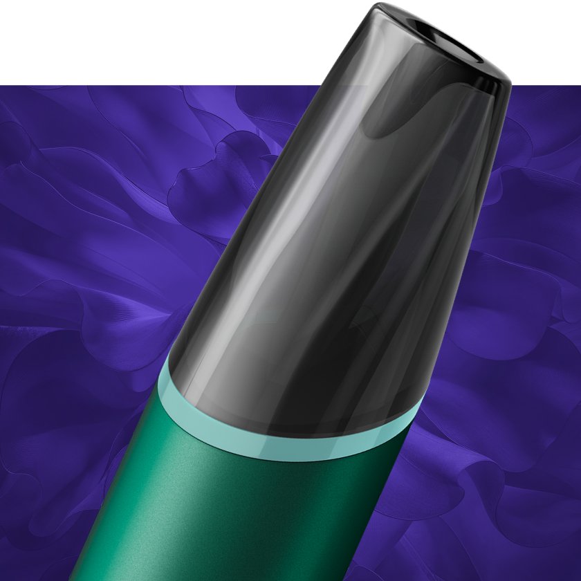 VEEV NOW ULTRA disposable vape close up of mouthpiece and green hardware 