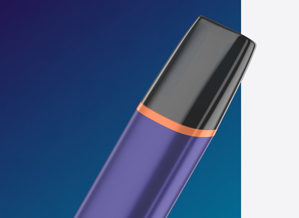 Vapovacie zariadenie VEEV ONE s detailom náustku a fialovým telom.