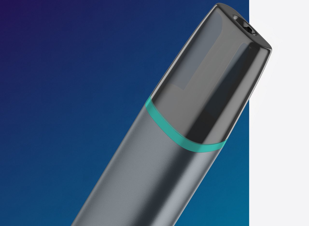 VEEV ONE vaping device close up of mouthpiece and purple hardware.