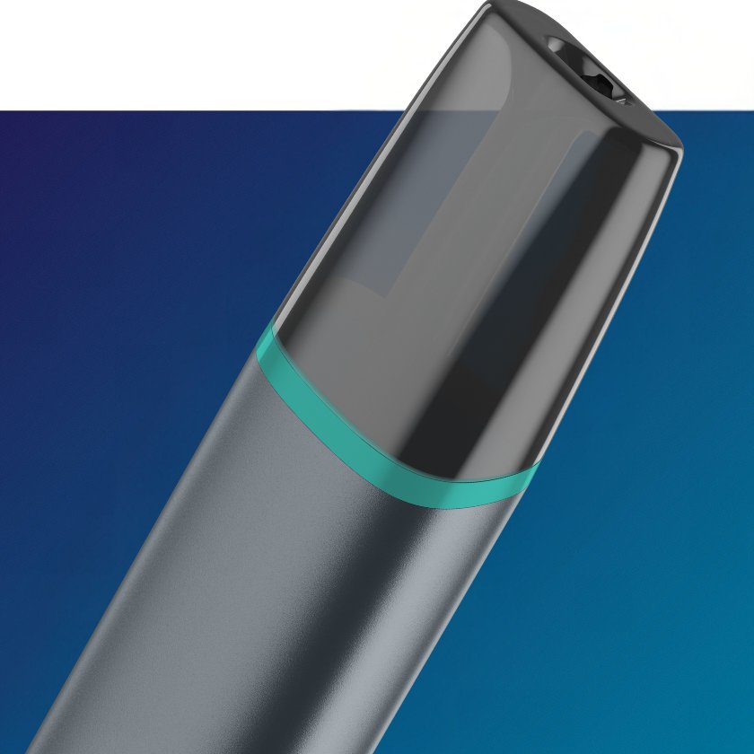 VEEV ONE vaping device close up of mouthpiece and purple hardware.