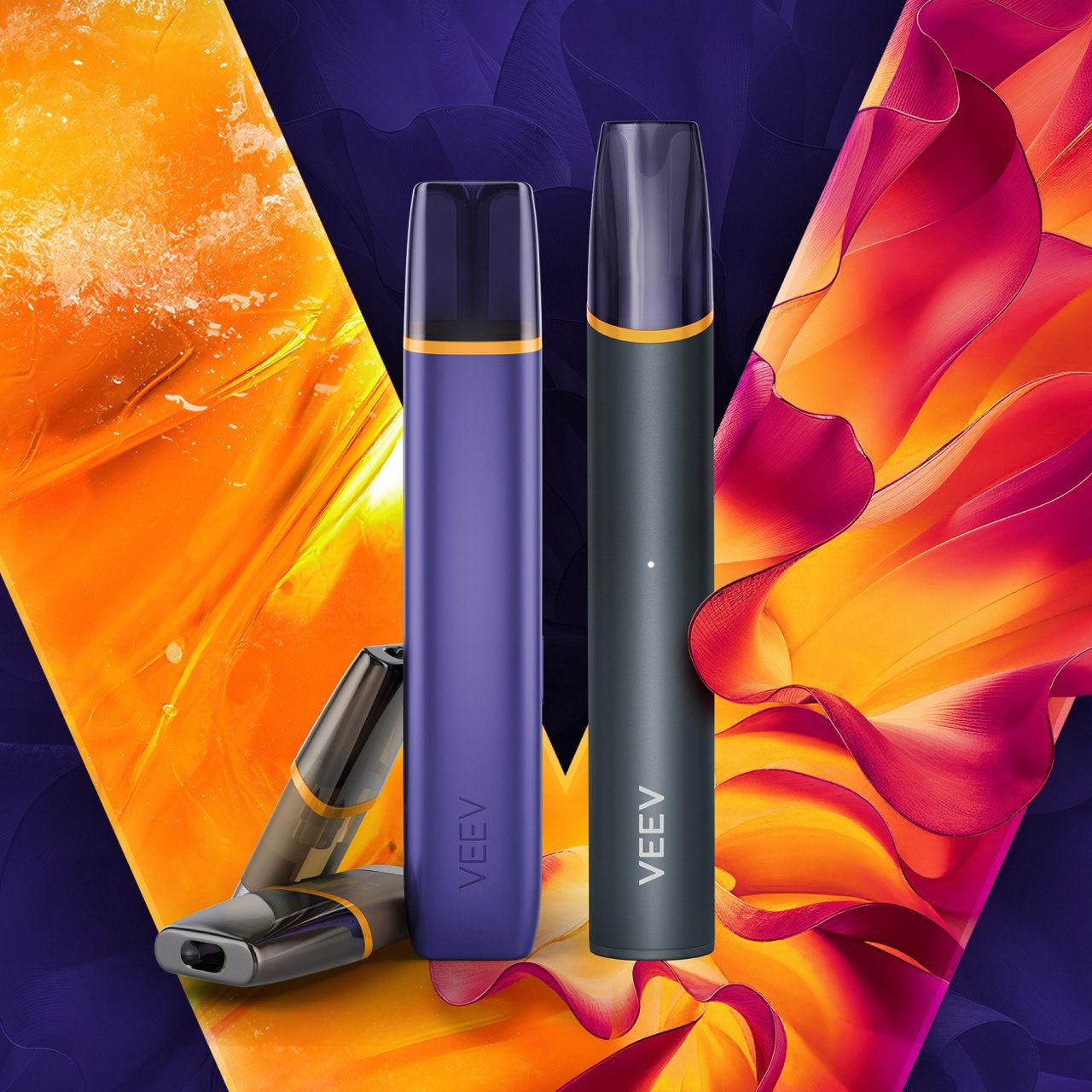 VEEV ONE and VEEV NOW ULTRA vaping devices with VEEV ONE pods and a V logo in the background..