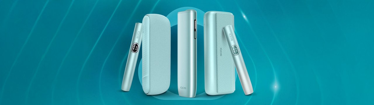 Three breeze blue ILUMA i devices displayed vertically on turquoise background.