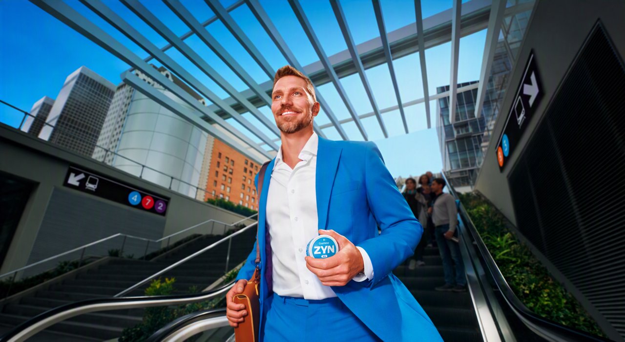 Person in a bright blue suit holds a ZYN Cool Mint can while riding an outdoor escalator in a modern city.