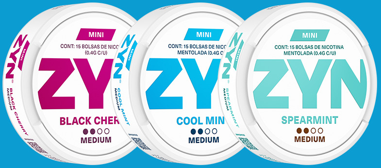 Tres latas de bolsas de nicotina ZYN: ZYN Black Cherry, COOL MINT y Spearmint
