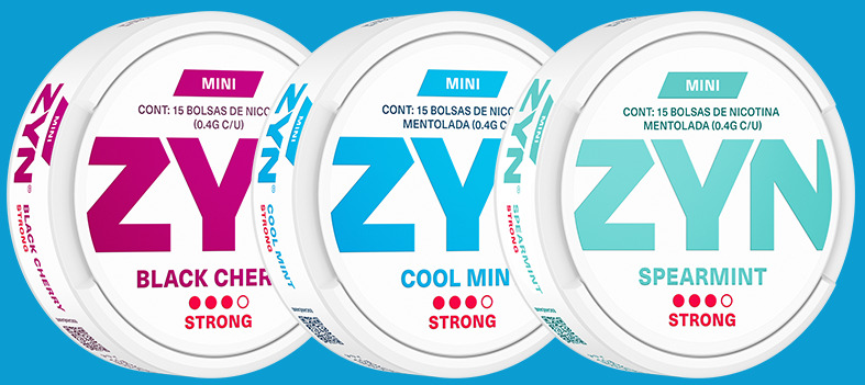 Tres latas de bolsas de nicotina ZYN: ZYN Black Cherry, COOL MINT y Spearmint