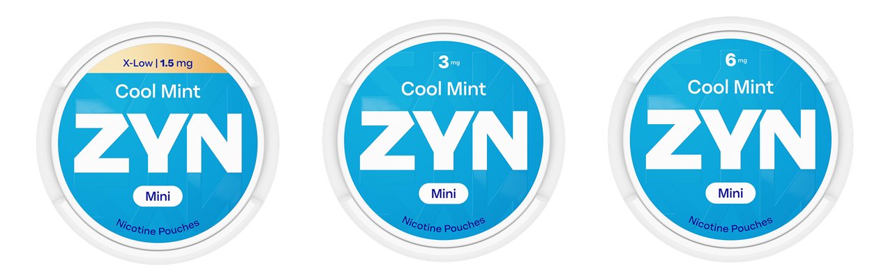 Three ZYN Mini Cool Mint nicotine pouch cans shown in 1.5 mg, 3 mg and 6 mg strengths on a blue background.