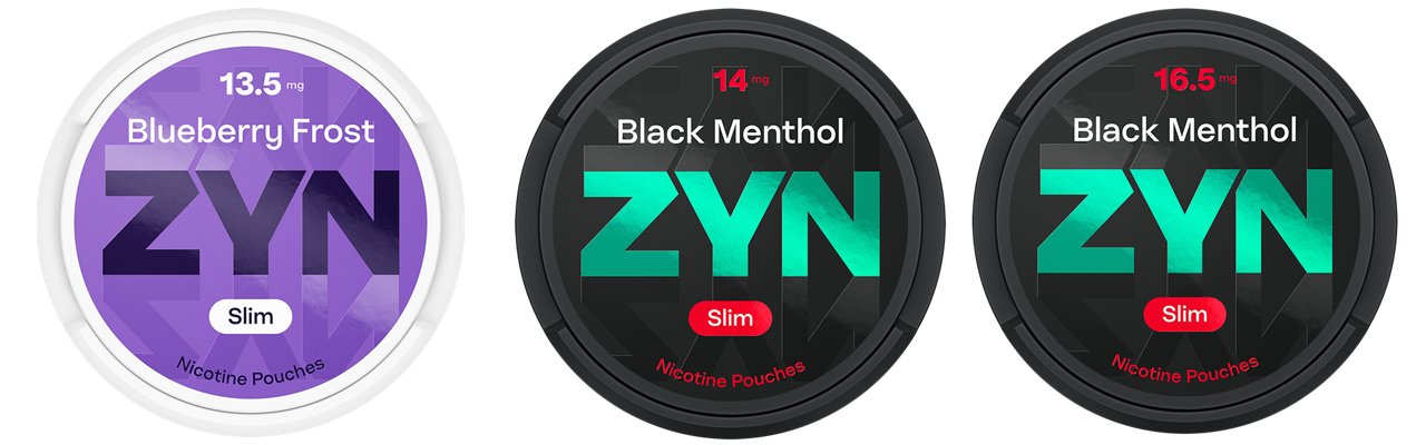 Three ZYN Slim nicotine pouch cans: Blueberry Frost 13.5 mg and Black Menthol 14 mg and 16.5 mg.