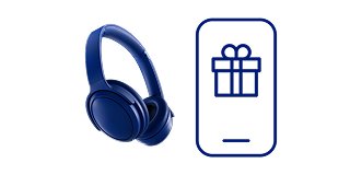  Illustration showing headphones and a gift icon to represent redeeming rewards.