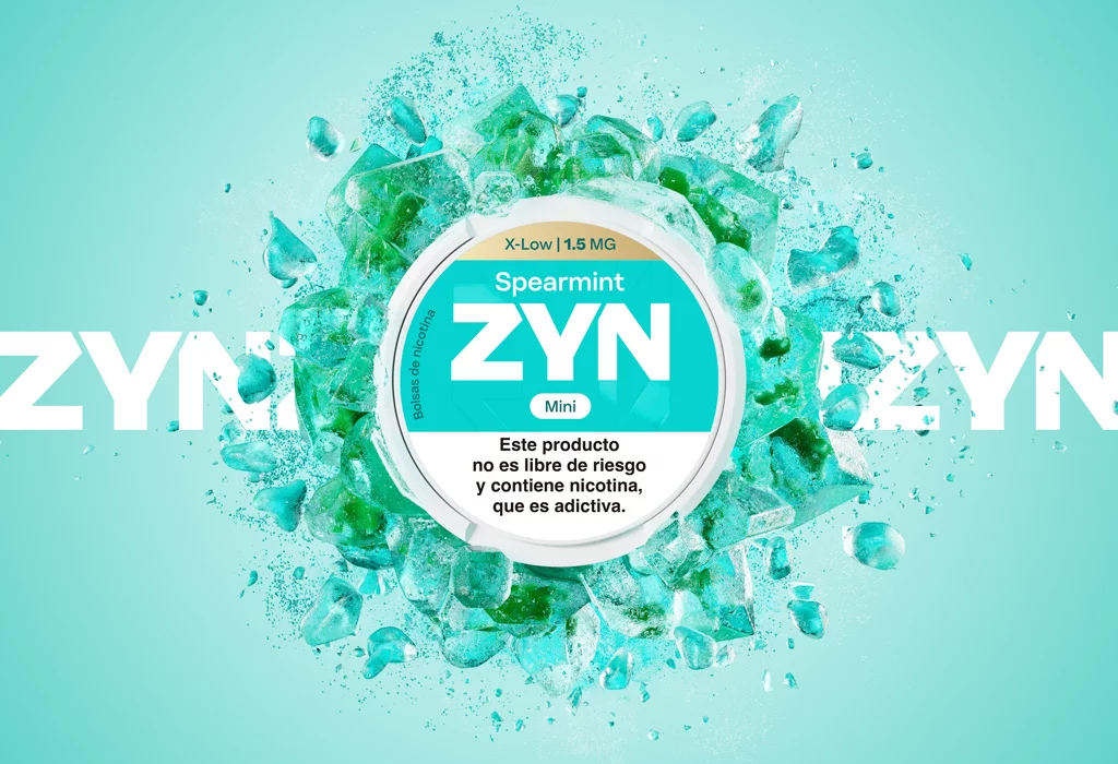  Lata mini de ZYN Spearmint verde de 1,5 mg, con explosion de hielo verde sobre el logotipo de ZYN.
