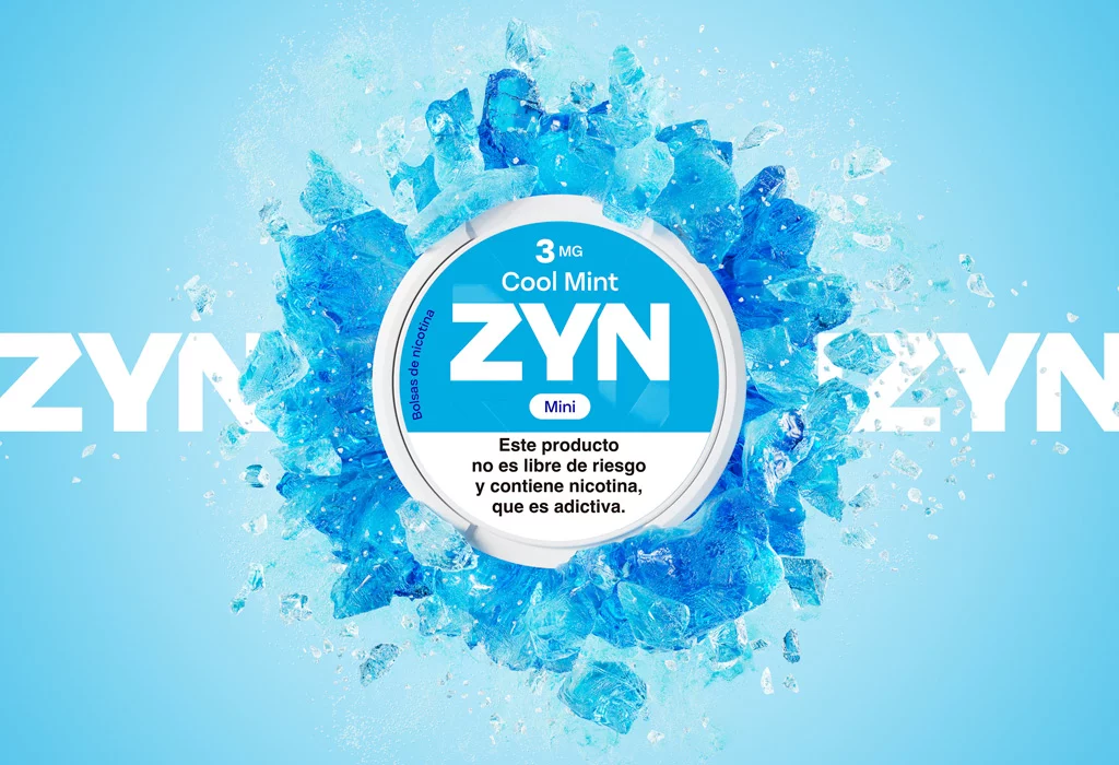 Lata Cool Mint 3 mg con explosion de hielo azul sobre el logotipo de ZYN.