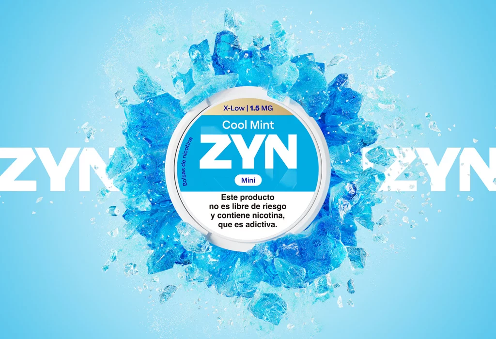 Lata Cool Mint 1,5 mg con explosion de hielo azul sobre el logotipo de ZYN.