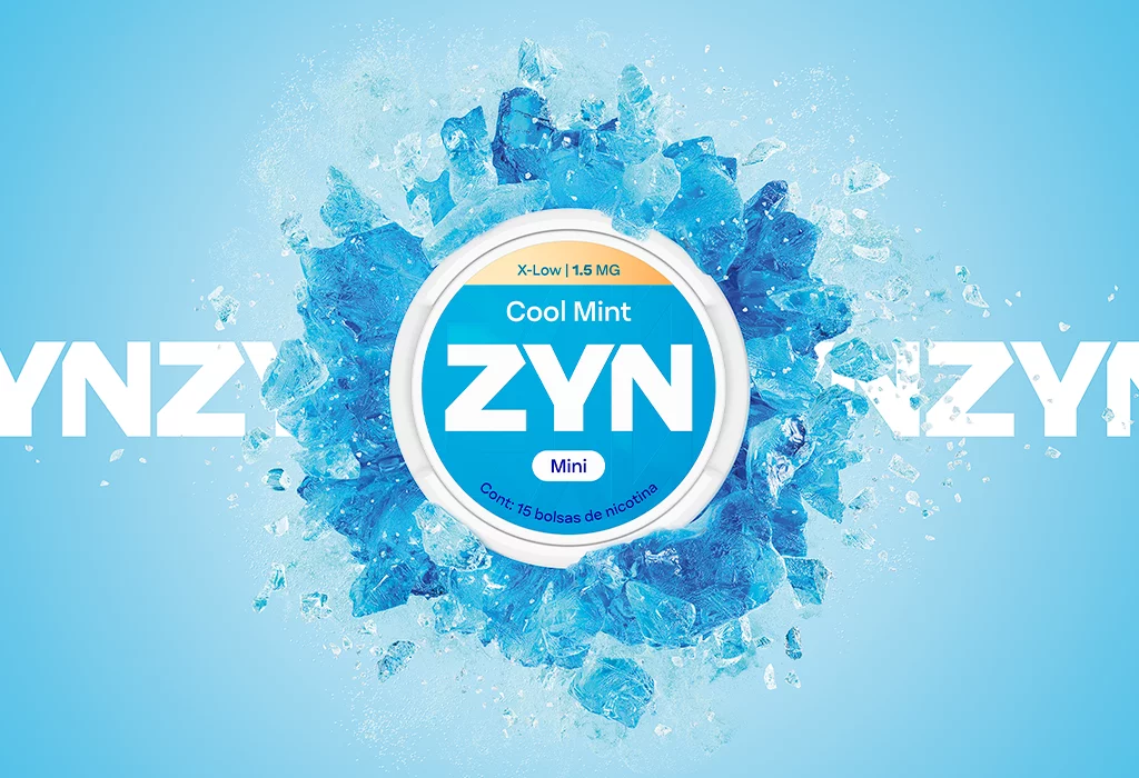 Lata Cool Mint .1.5 mg con explosion de hielo azul sobre el logotipo de ZYN.