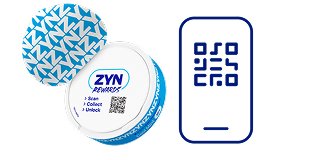 A ZYN tin with a QR code and an icon of a phone, demonstrating how to scan codes