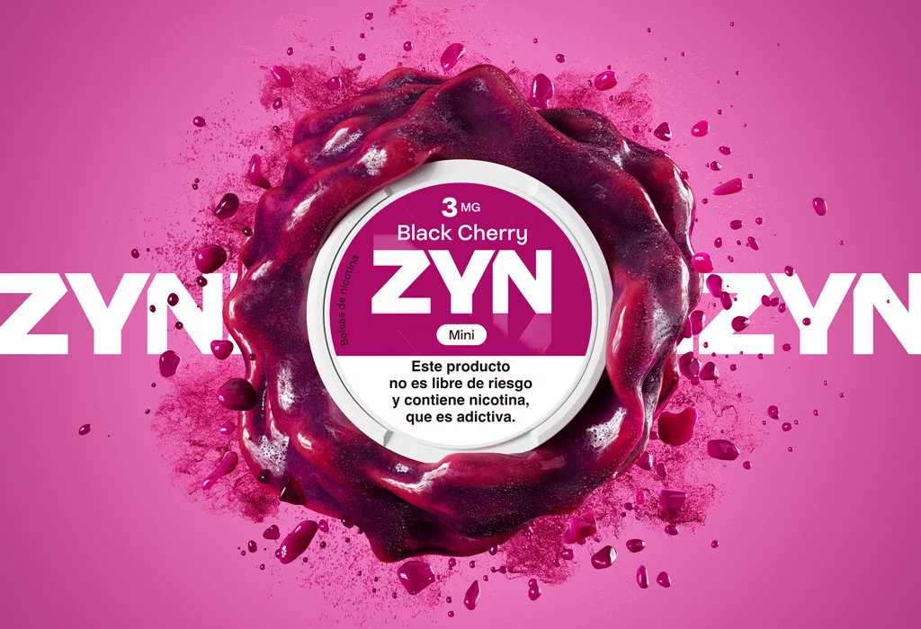 Lata Black Cherry 3 mg  con explosion de pintura color cereza sobre el logotipo de ZYN.