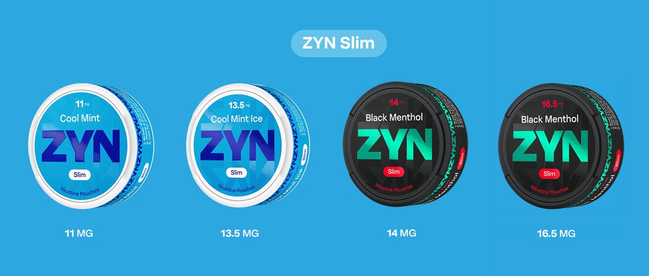 ZYN Slim nicotine pouch cans shown in 11 mg, 13.5 mg, 14 mg and 16.5 mg strengths on a blue background