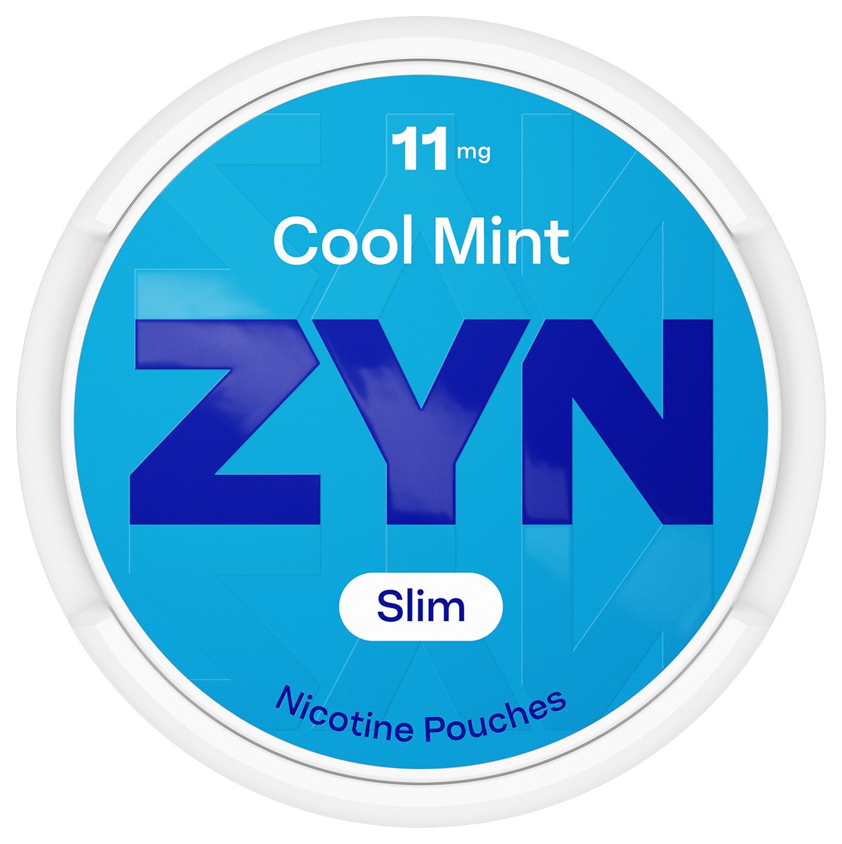 Front view of a ZYN Cool Mint Slim nicotine pouch can labelled 11 mg on a transparent background.