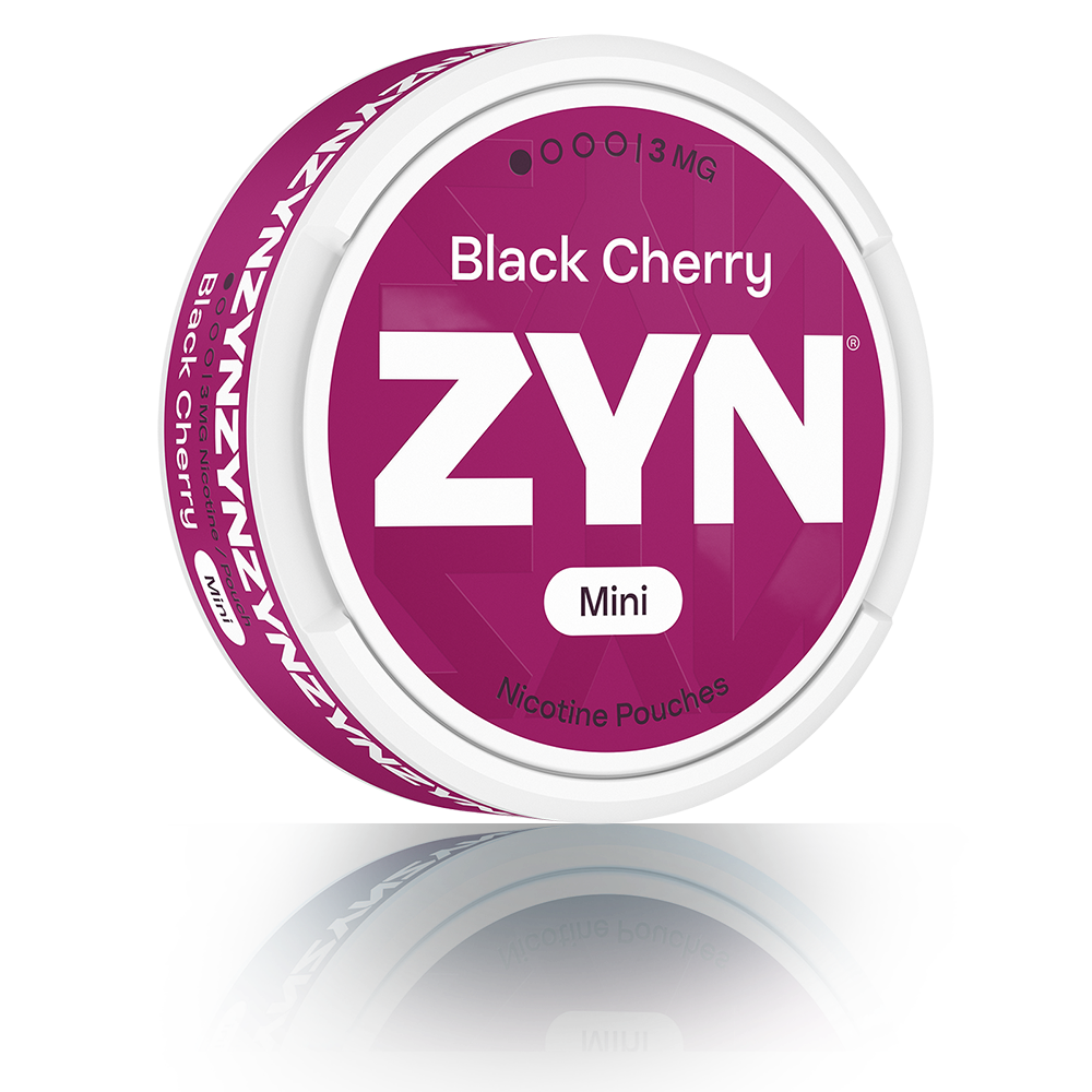 Red ZYN Black Cherry Mini can three-quarter side view
