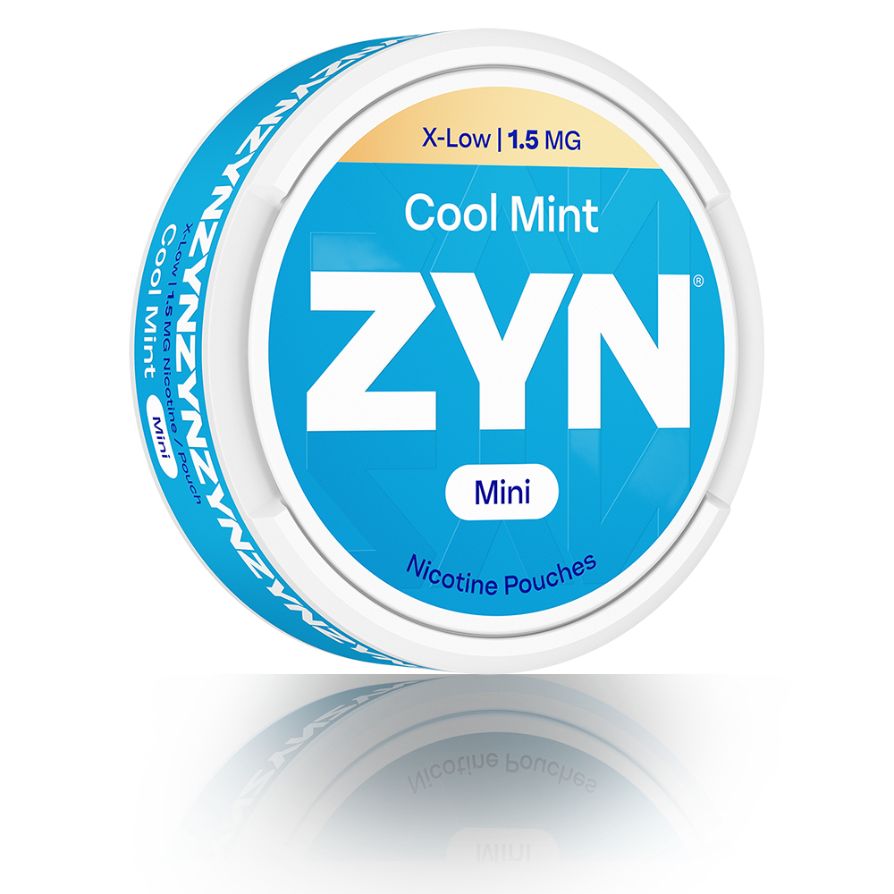 Plava kutija ZYN Cool Mint Mini prikazana iz bočnog kuta (tri četvrtine).