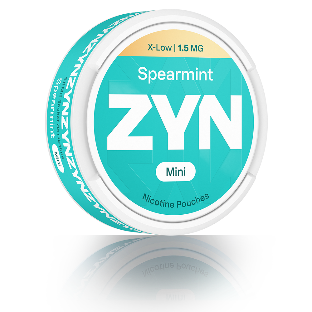 Boîte de ZYN Spearmint Mini 1,5 MG bleu clair, vue de trois-quarts