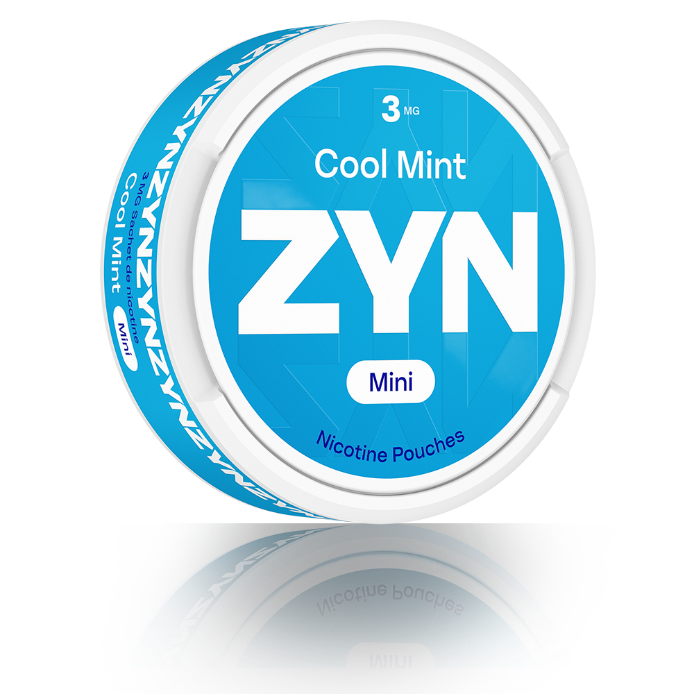 Boîte de ZYN Cool Mint Mini 3 MG bleue, vue de trois-quarts