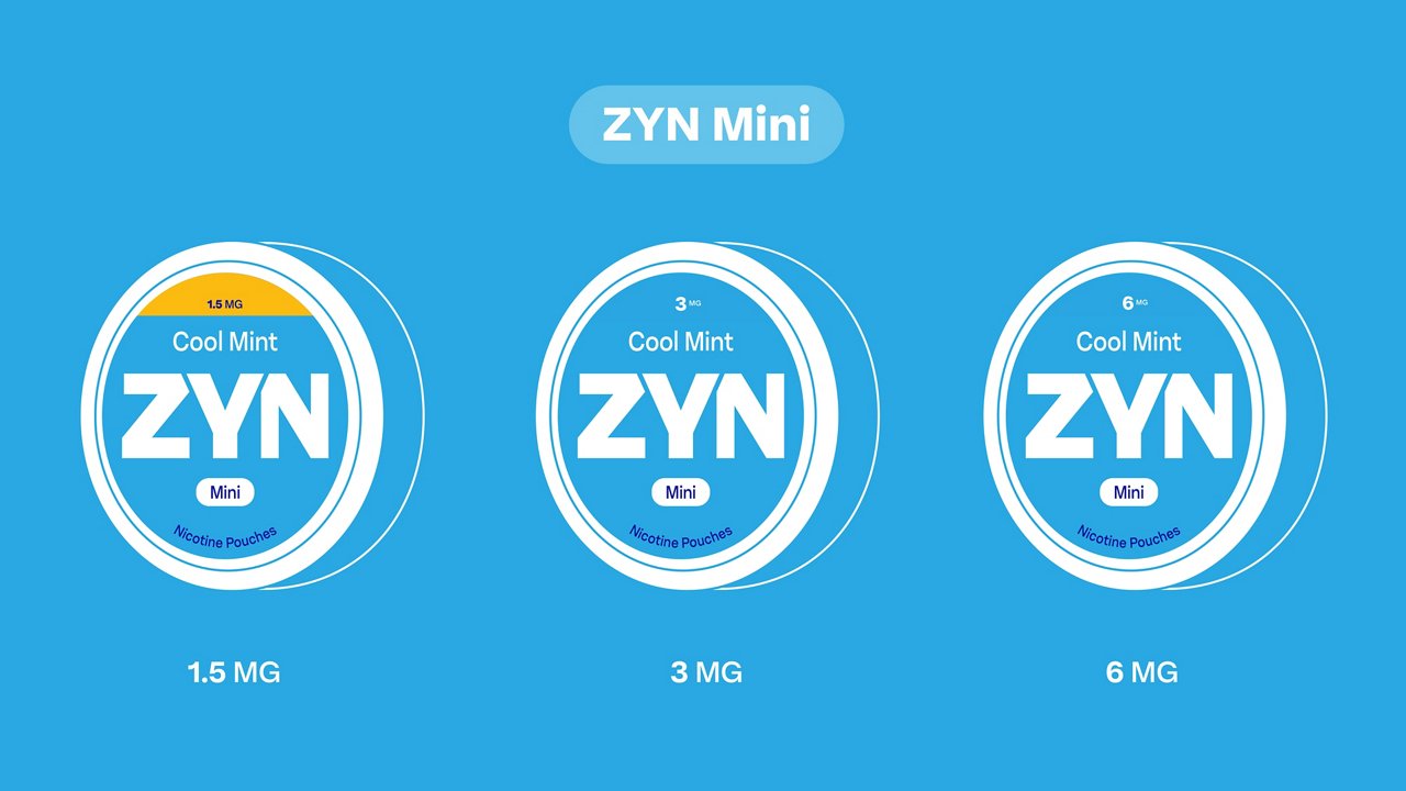 Three ZYN Mini Cool Mint nicotine pouch containers displayed side by side. From left to right: 1.5 MG, 3 MG, and 6 MG strength options, each labeled ‘Mini’ and ‘Cool Mint'.