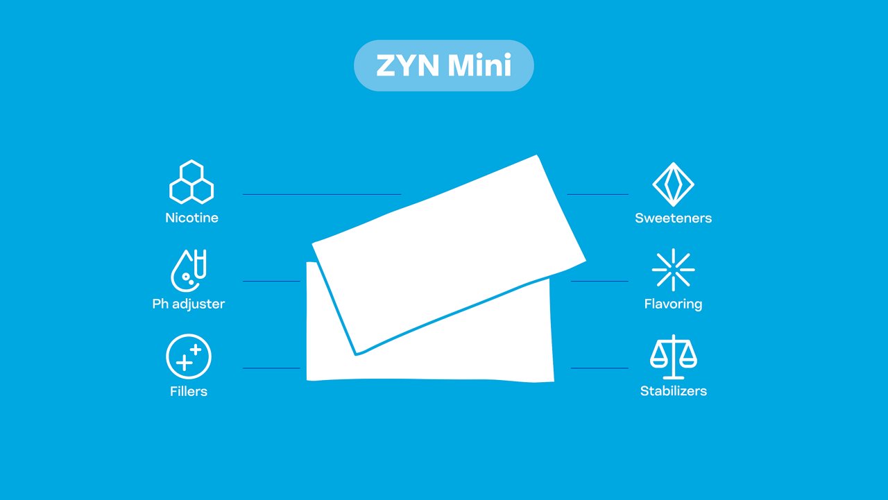 Illustration of 2 ZYN Mini pouches showing their ingredients.
