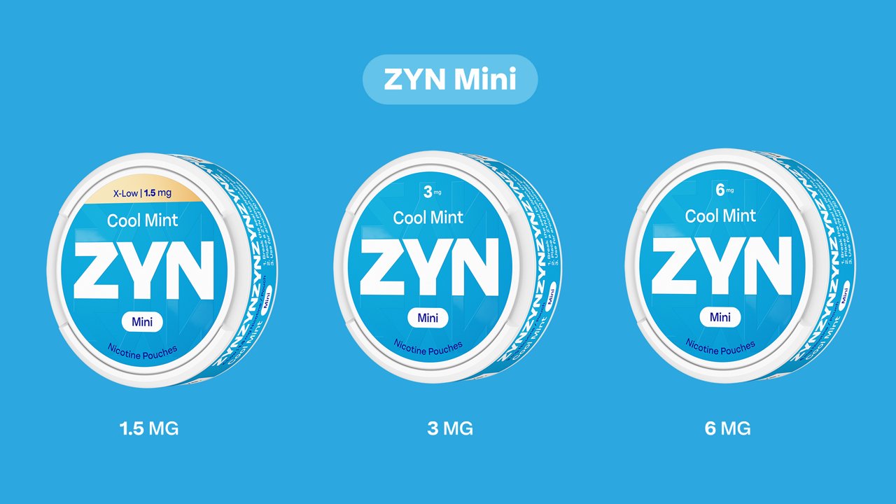 Three ZYN nicotine pouch cans showing Cool Mint Mini 1.5 mg, Cool Mint Mini 3 mg and Cool Mint Mini 6 mg on a blue background.