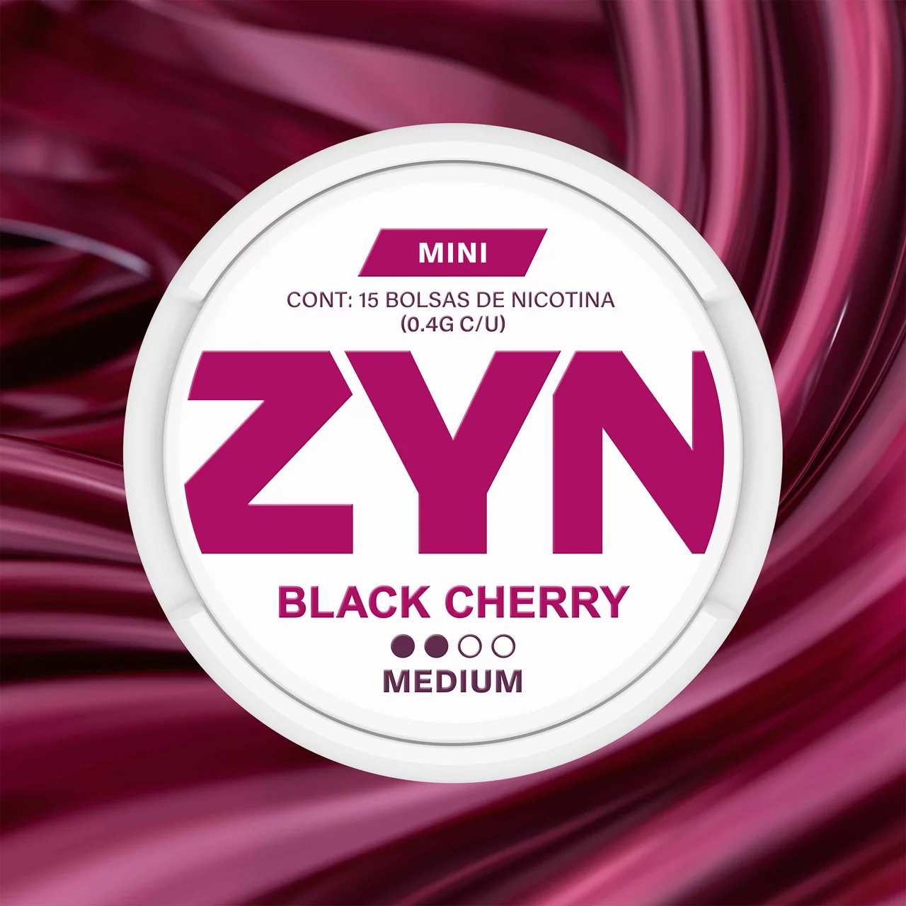 ZYN BLACK CHERRY: bolsa de nicotina en color blanco y rosa oscuro sobre un fondo ondulado de color rosa intenso