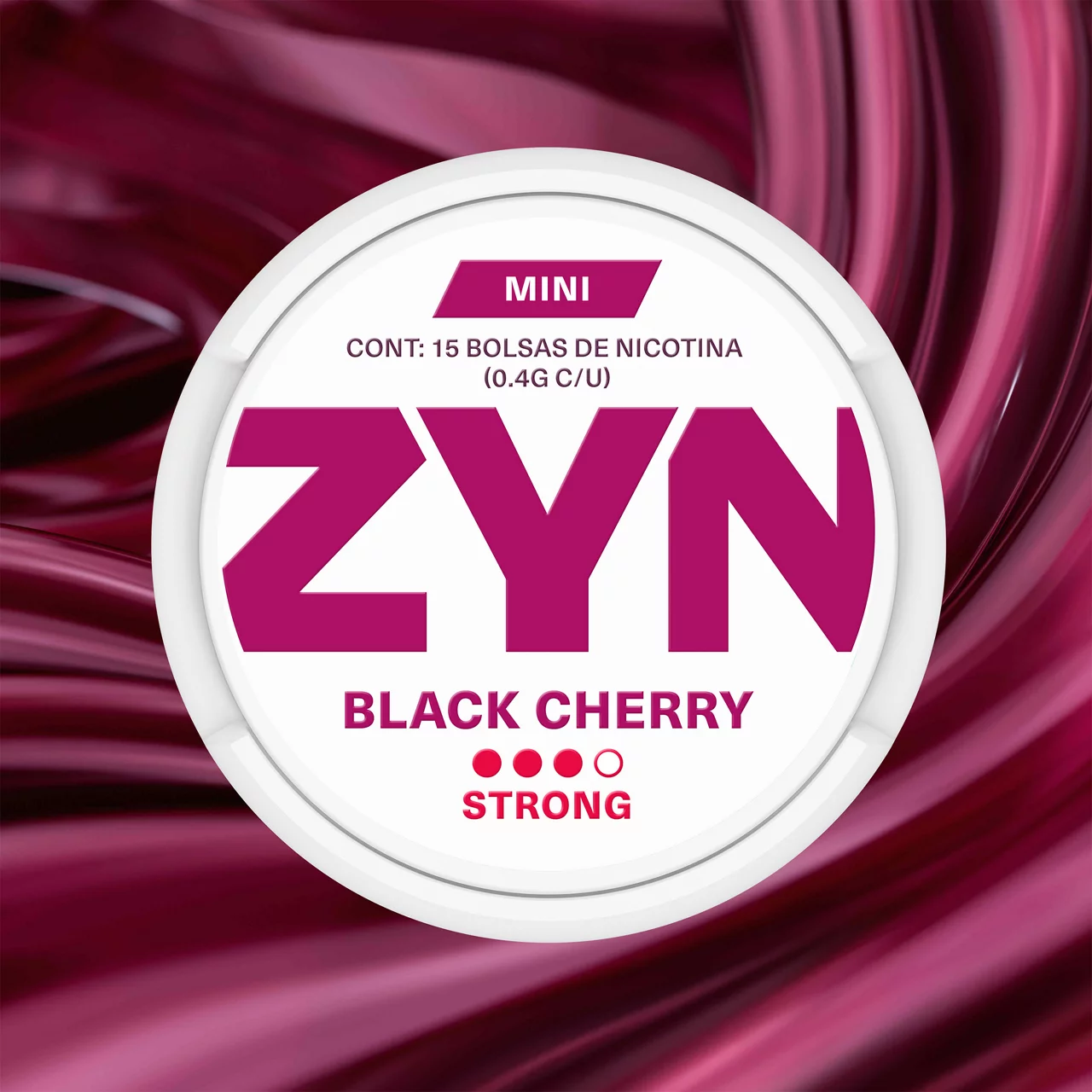 ZYN BLACK CHERRY: bolsa de nicotina en color blanco y rosa oscuro sobre un fondo ondulado de color rosa intenso