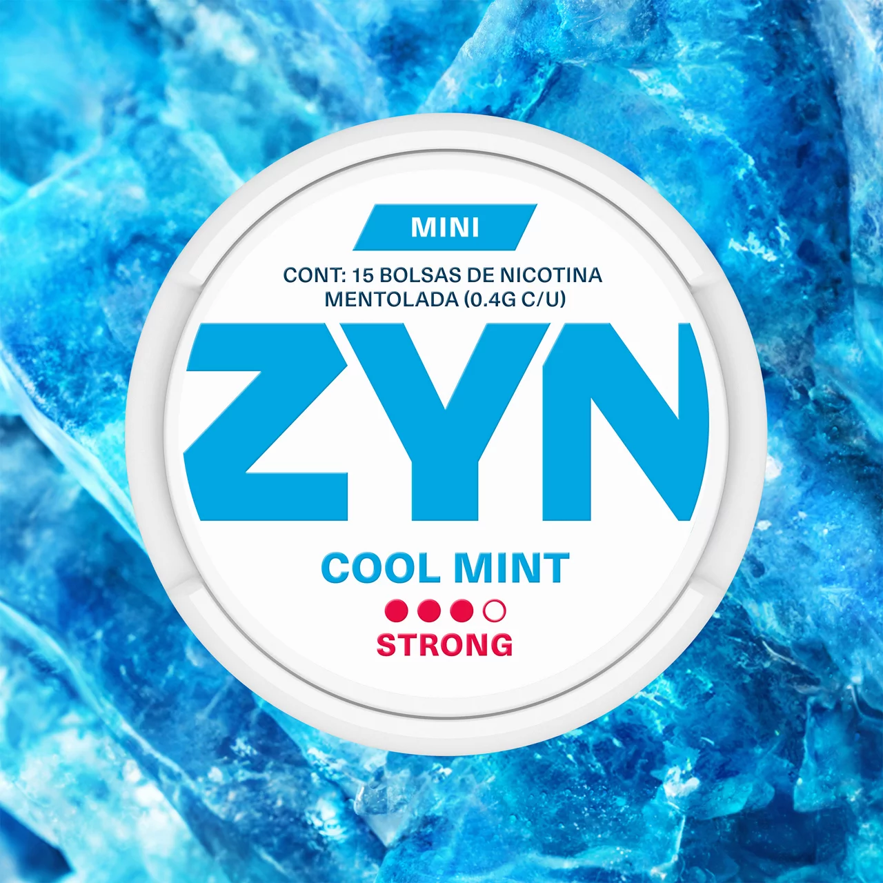 ZYN COOL MINT: bolsa de nicotina de color azul claro sobre fondo con textura de hielo azul