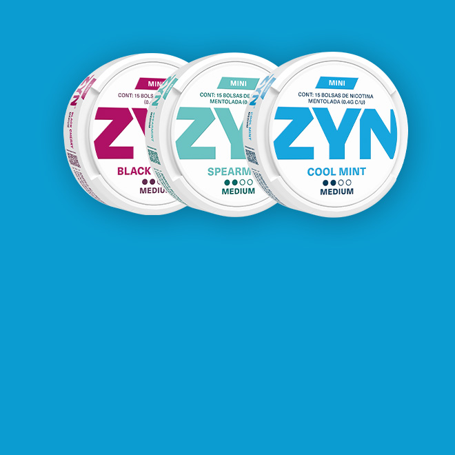 Tres latas de bolsas de nicotina ZYN: ZYN Black Cherry, COOL MINT y Spearmint