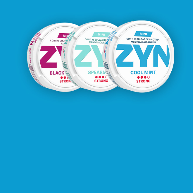 Tres latas de bolsas de nicotina ZYN: ZYN Black Cherry, COOL MINT y Spearmint