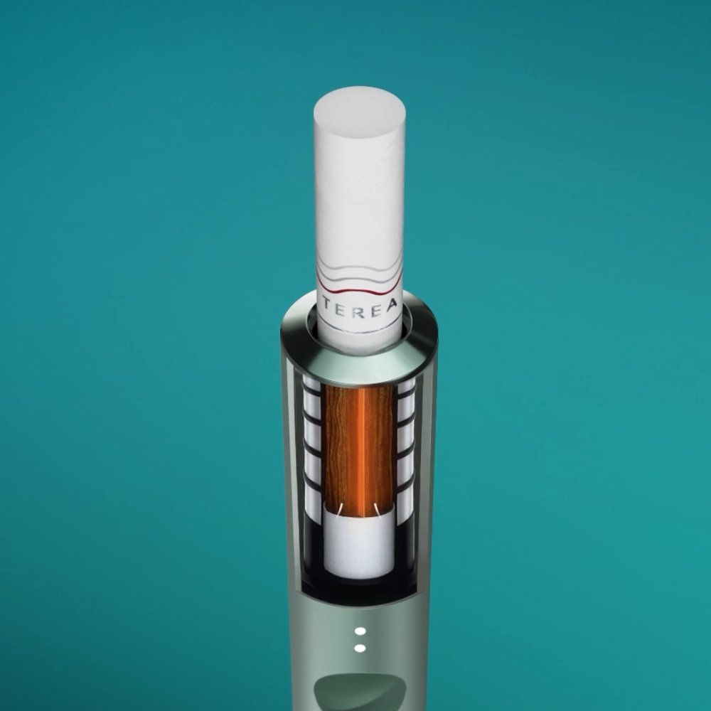 IQOS mit TEREA Tabakstick, das die innovative Heiztechnologie im Inneren sichtbar macht
